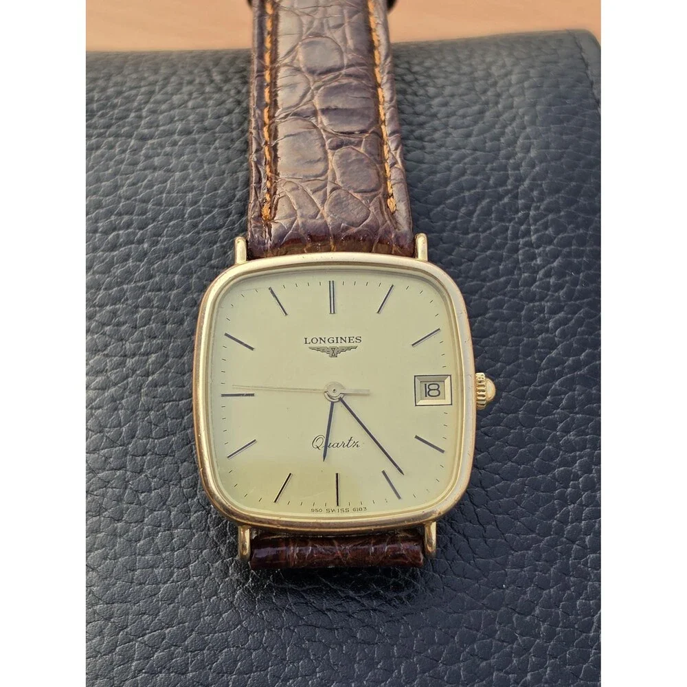 VTG Longines Golden TV Mens Watch Classical Champagne Dial Brown Leather Swiss